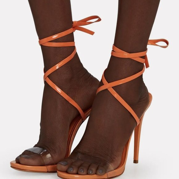 Schutz Cloe Vinyl Open Toe Sz 7B Lace Up Ankle Strap Stiletto High Heel Sandals - Picture 4 of 14